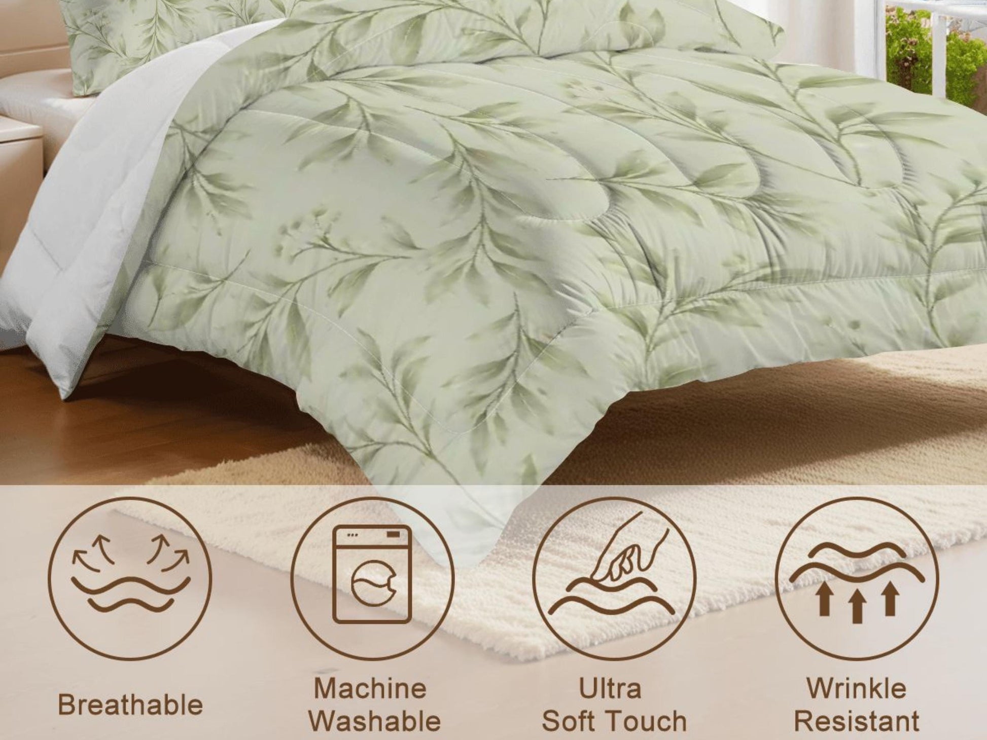 Comforter Set Botanical Sage Green Floral Pistachio Bedding Modern Organic Bed Set with Pillowcase Minimal Neutral Bedroom Decor Soft Green