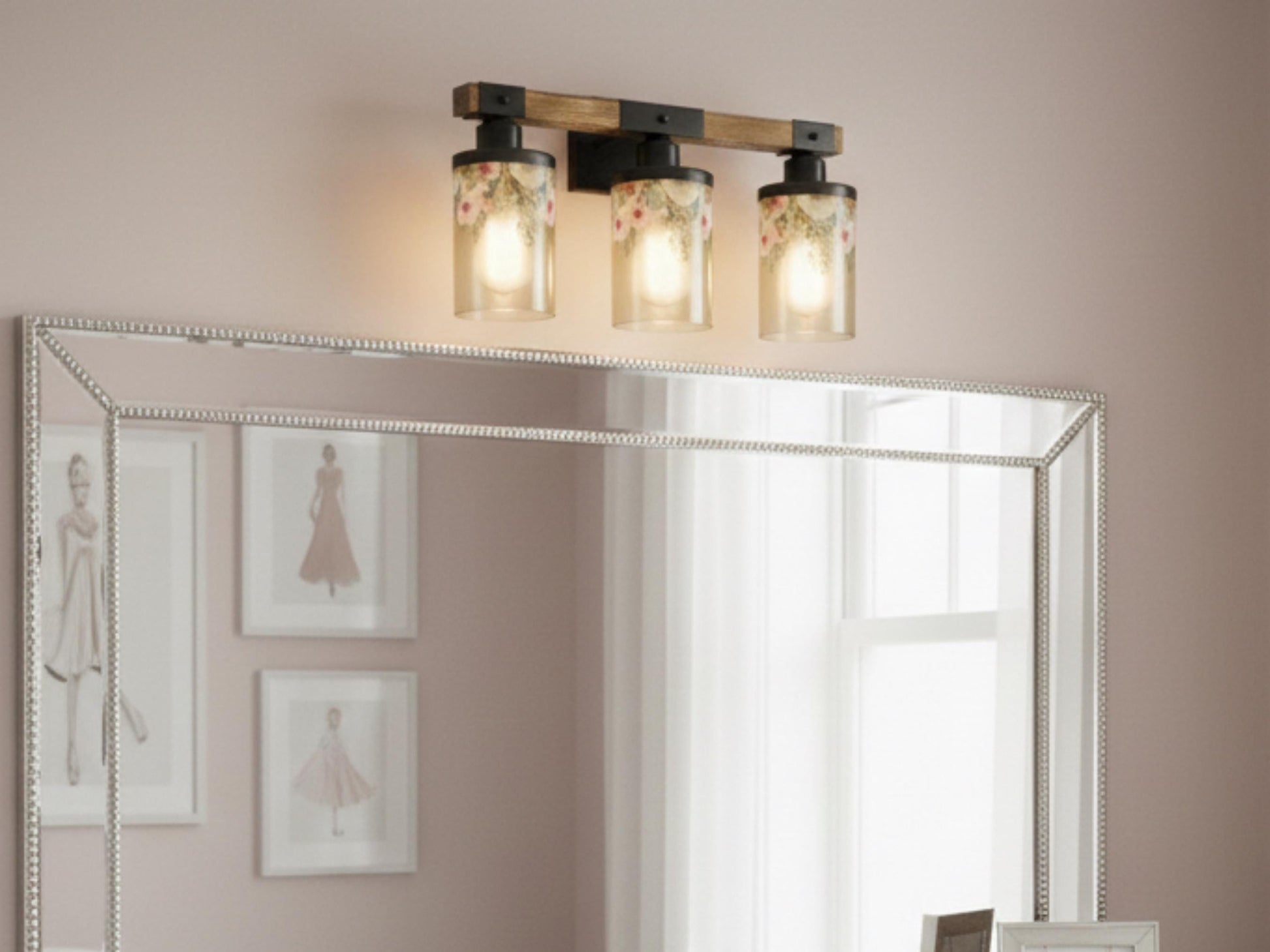 Vanity Light Fixture 3-Light Watercolor Floral Farmhouse Luxury Bathroom Lighting Flowers Metal and Glass Restroom Light Over Sink Decor