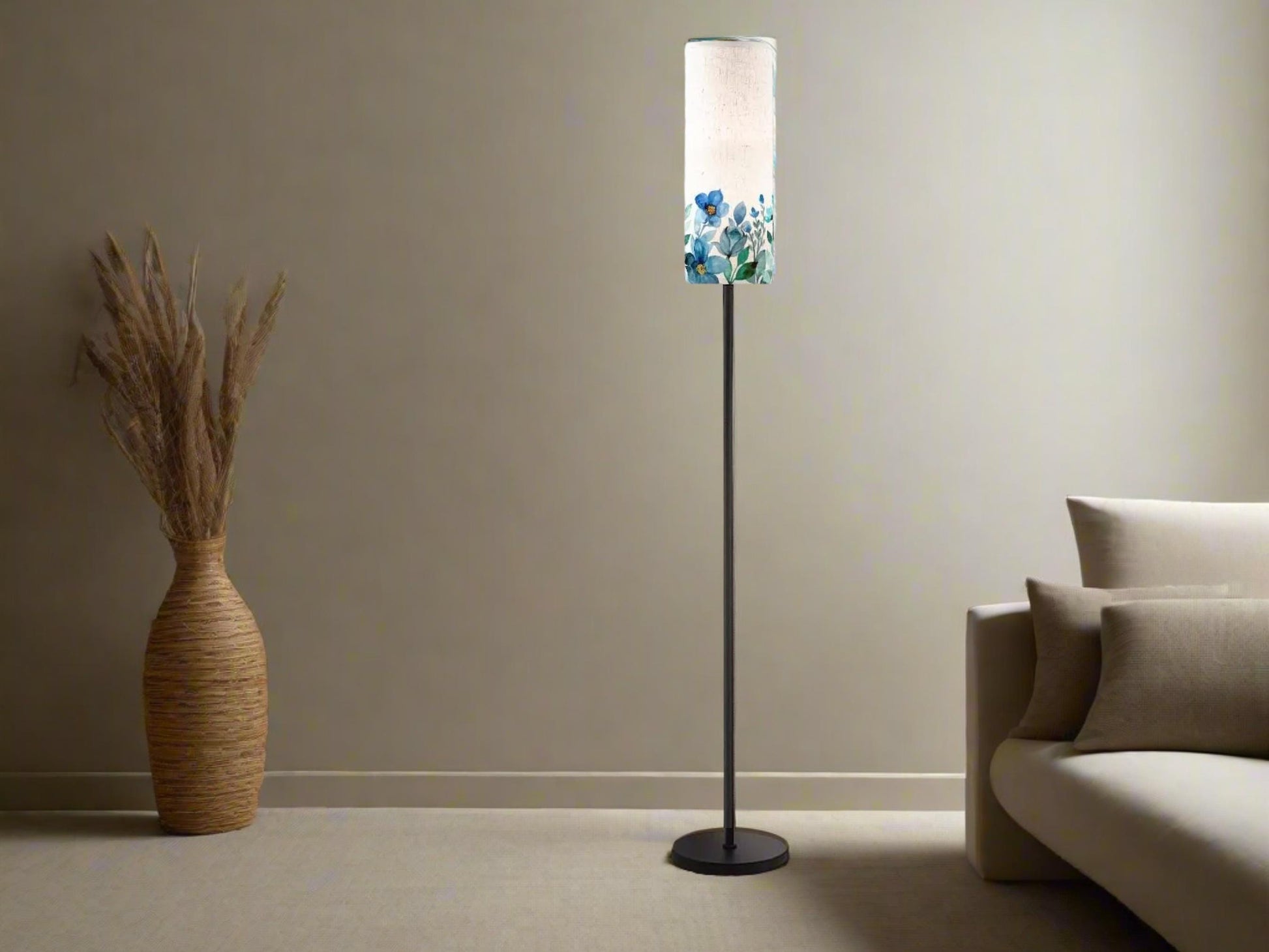 Floor Lamp Mid Century Modern Beige Blue Floor Lamp Stripe MCM Floor Lighting Tall Lamp Subtle Floral Blue Accent Lighting Vintage Mod Decor