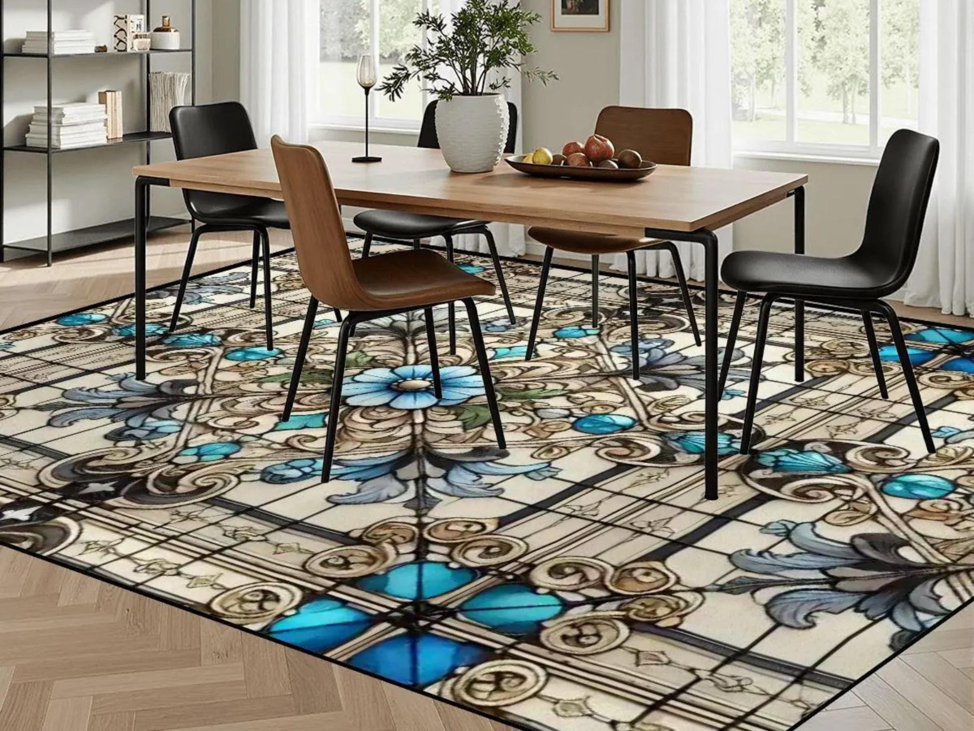 Custom Size Large Area Rug 8x10 Art Nouveau Living Room Rug Indoor Stained Glass Design Carpet 96in x 120in Family Room Rug Soft Short Pile