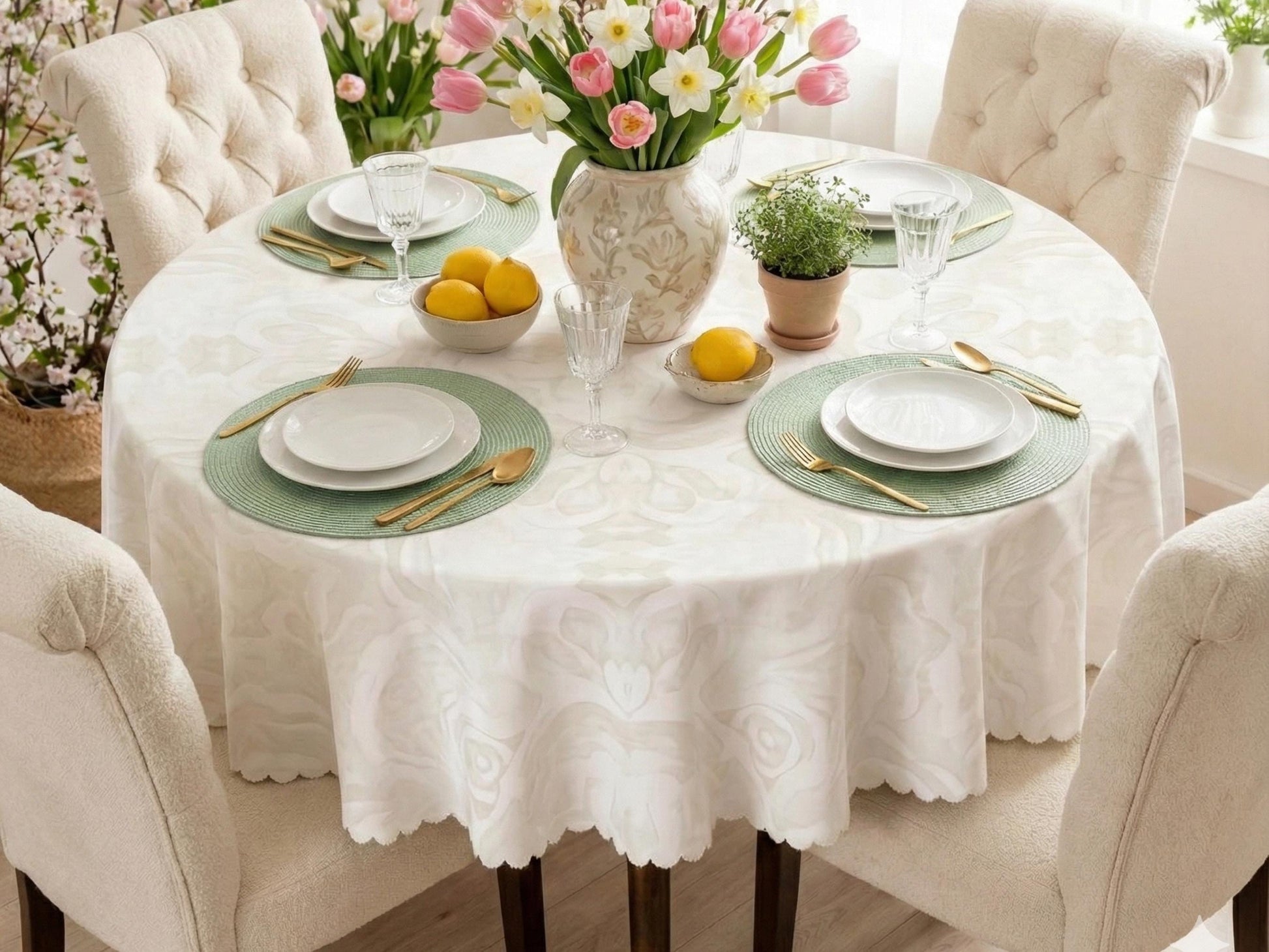 Tablecloth Round 60in Ivory With Scalloped Edge Lace Affect Details For Dining Room Spill-Proof Spring Washable Fabric Table Cloth Dinner