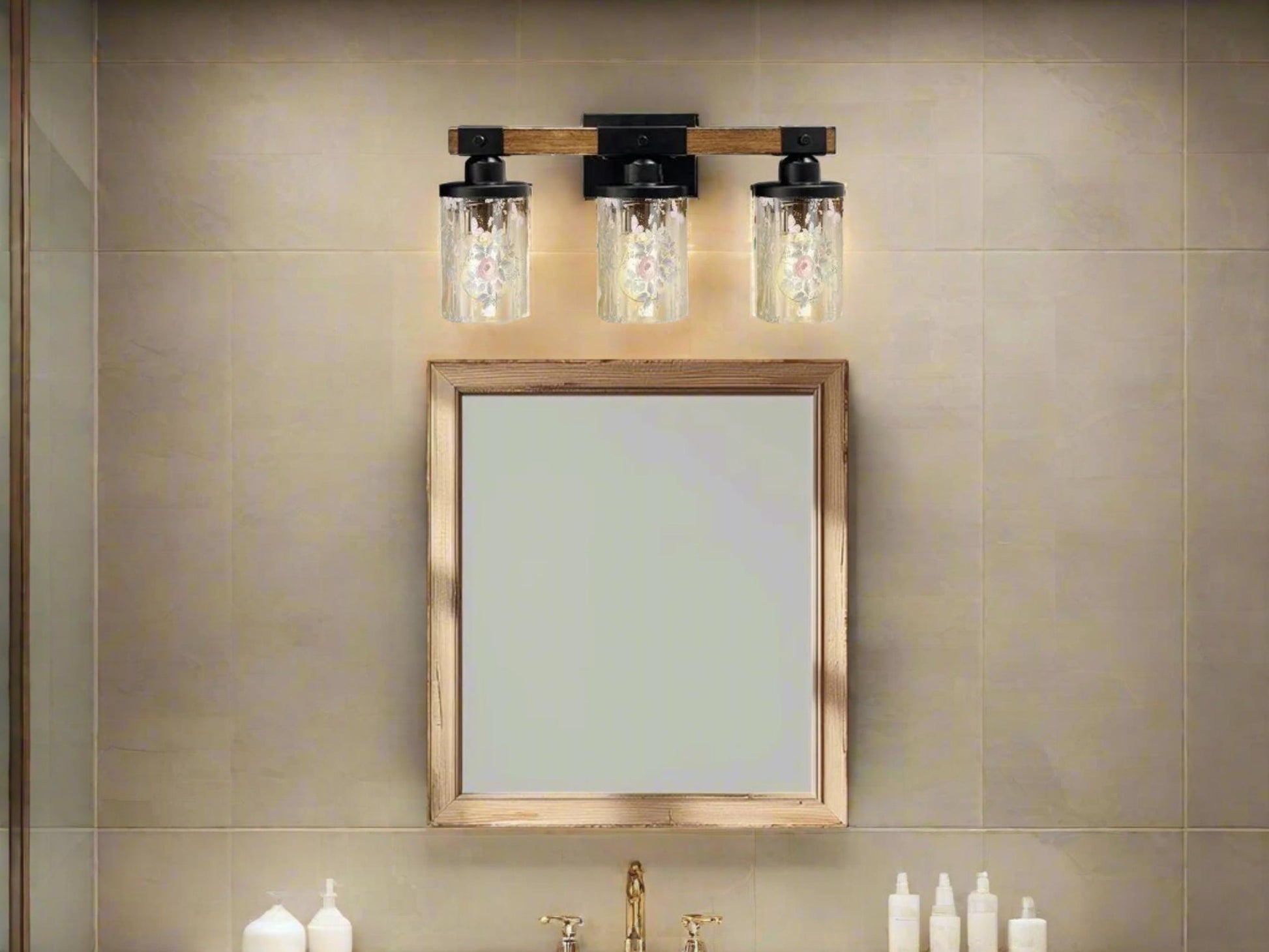 Luxury Bathroom Lighting Vanity Light Fixture 3-Light Watercolor Floral Farmhouse Roses Metal and Glass Restroom Light Over Sink Decor