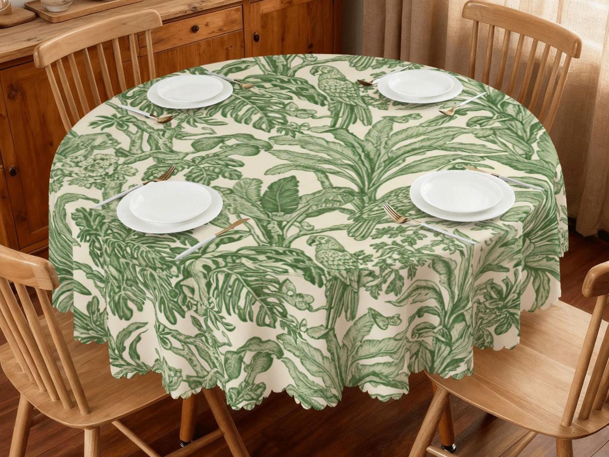 Toile Green Tropical Tablecloth With Scalloped Edge Lace Details For Dining Table Spill-Proof Spring Washable Table Cloth Elegant Setting