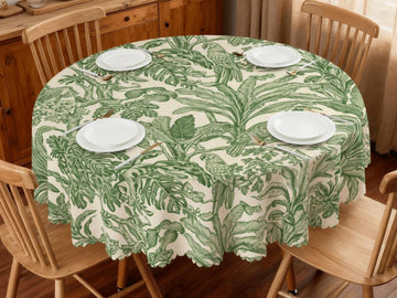 Toile Green Tropical Tablecloth With Scalloped Edge Lace Details For Dining Table Spill-Proof Spring Washable Table Cloth Elegant Setting