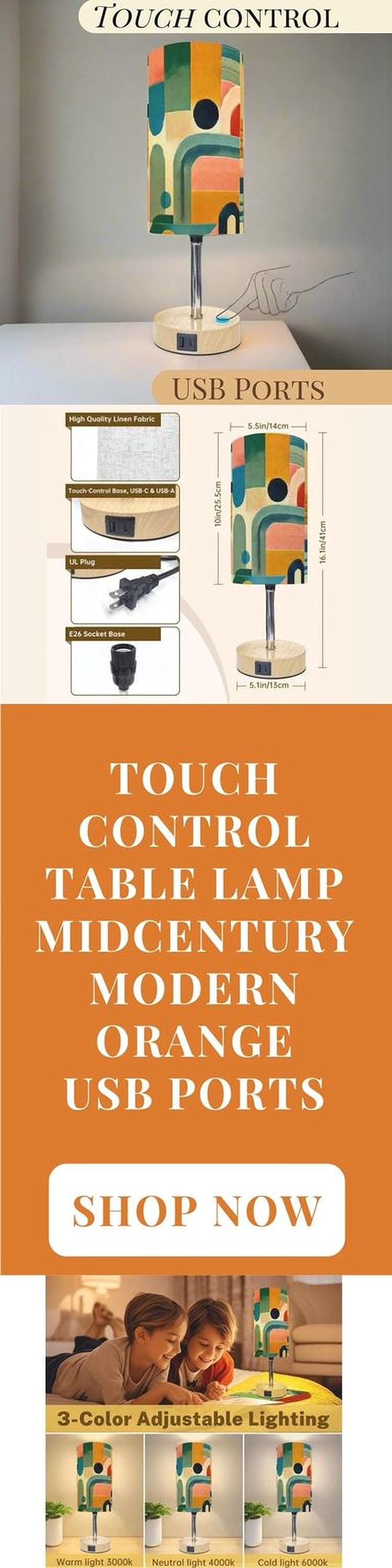 Table Lamp Touch Activated On Off Midcentury Modern Orange Lamp With USB Small Desk Lamp For Office Wood Desk Lamp Lighting for Living Room