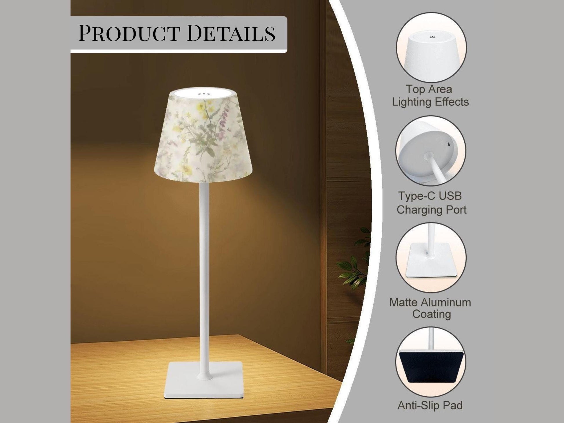 Cordless Table Lamp LED Touch Activated Desk Lamp Wildflower Rechargeable Lamp Nightstand Dimmable Table Lamp Stepless Dimming By Touch Lamp