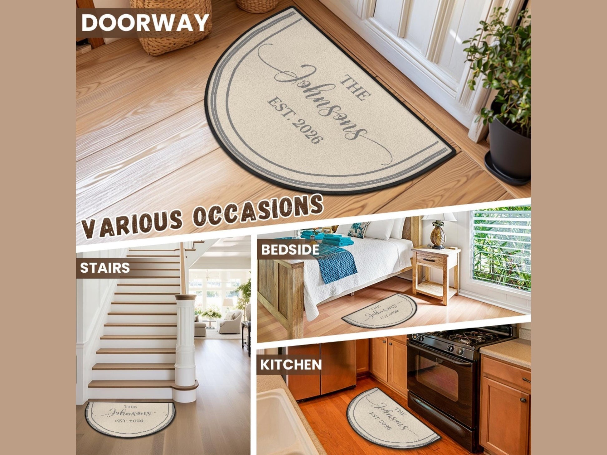Welcome Mat Custom Entryway Rug Family Name Est Year Semi-Circle Minimalist Beige Carpet Accent Mat Rug Soft Short Pile Personalized Rug