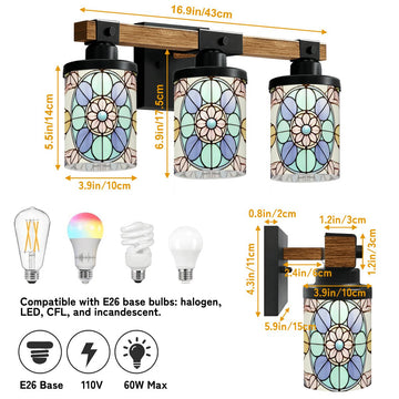 Pastel Floral Stained-Glass-Style Three-Light Vanity Fixture