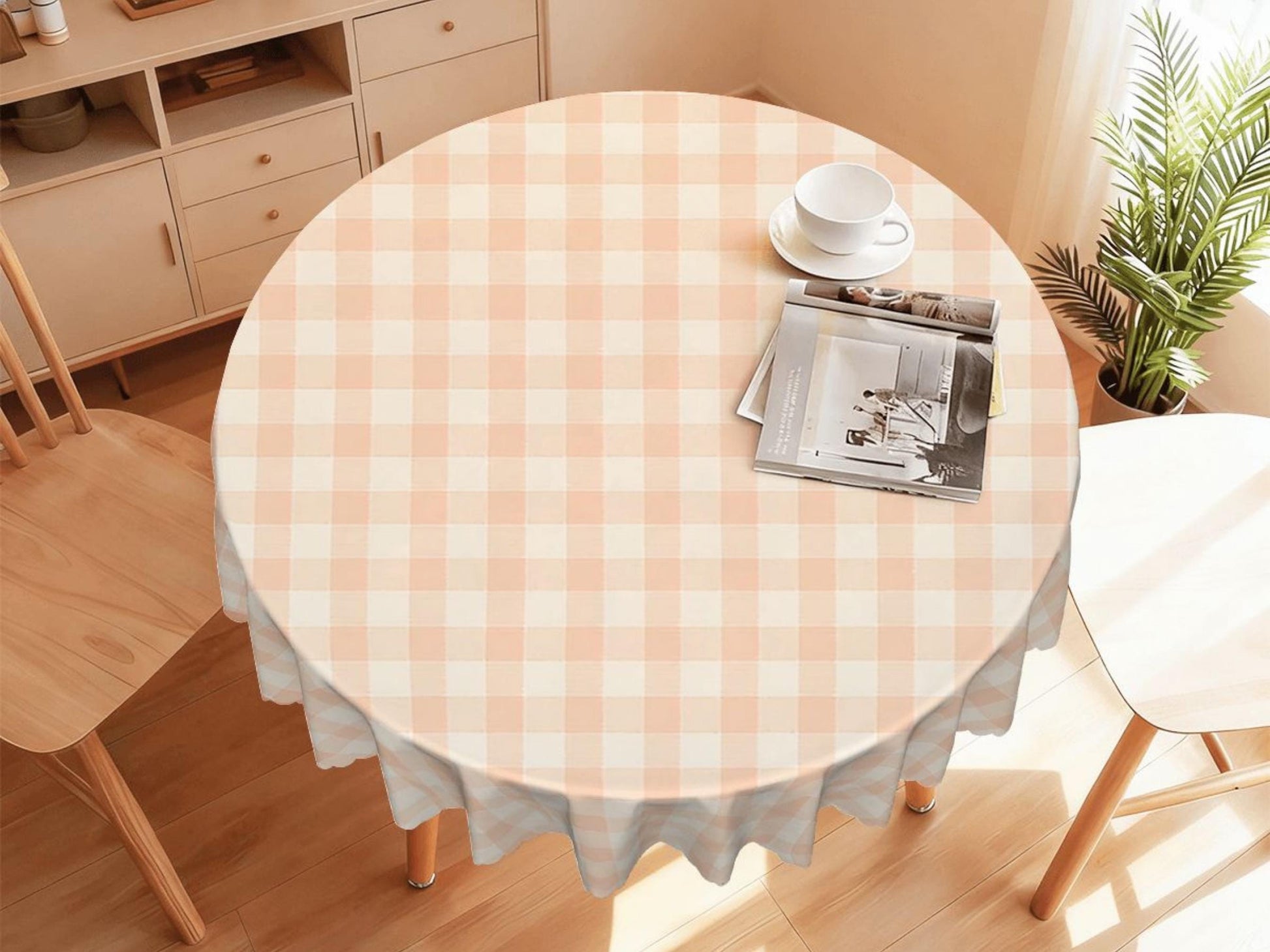 Plaid Tablecloth Peach Pink Scalloped Edge Lace Details For Spring Spill-Proof Summer Washable Fabric Table Cloth For Family Dinner Occasion