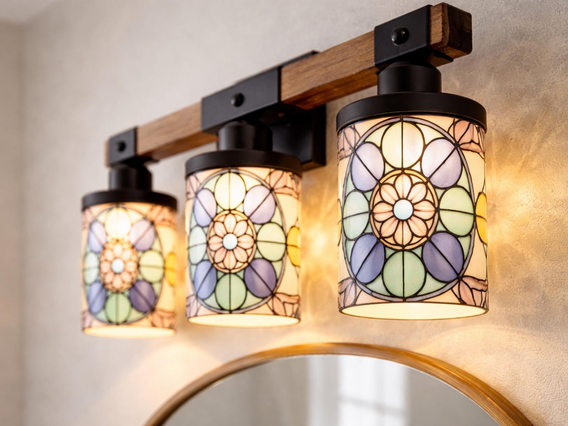 Stained Glass Affect Luxury Bathroom Lighting 3 Light Vanity Light Fixture Modern Pattern Metal and Glass Restroom Light Over Sink Decor