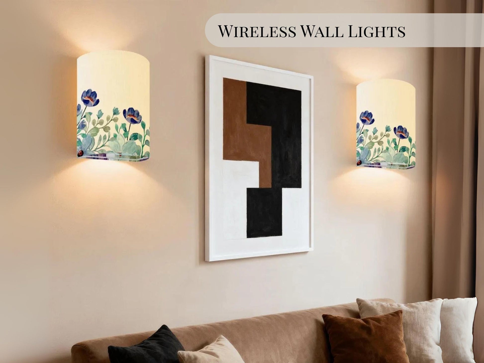 Wireless Wall Sconce Set of 2 Blue Floral Battery Operated Wall Light Decorative Indoor LED Wall Lamp Modern Farmhouse Floral Wall Lighting
