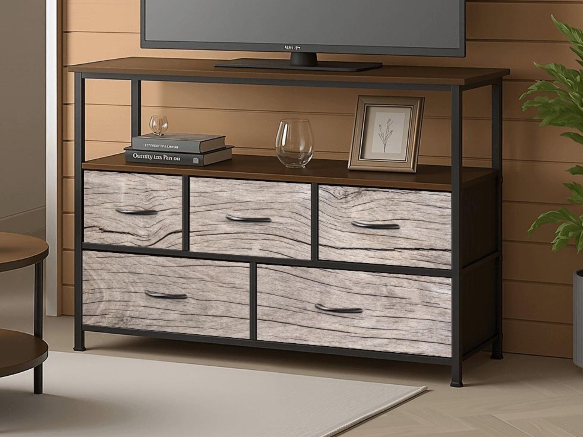 TV Stand With Drawers Driftwood Coastal Effect Decorative Fabric Drawers Bedroom Chest of Drawers Beach Theme Modern Plug & Charging Station