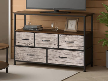 TV Stand With Drawers Driftwood Coastal Effect Decorative Fabric Drawers Bedroom Chest of Drawers Beach Theme Modern Plug & Charging Station