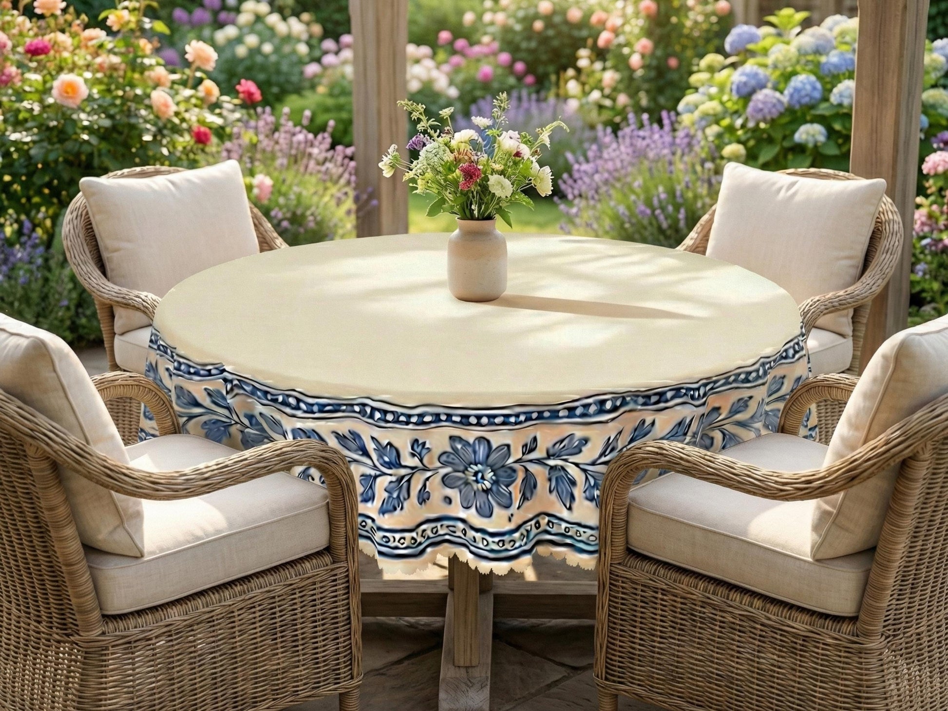 Tablecloth Flowers Border Scalloped Edge Lace Details For Dinner Events Spill-Proof Dining Table Cloth Washable Fabric Dining Tablecloth