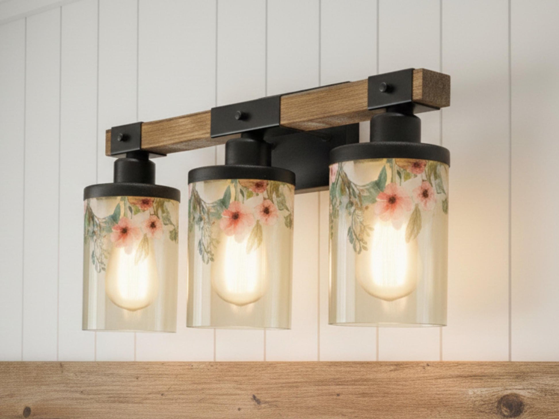 Vanity Light Fixture 3-Light Watercolor Floral Farmhouse Luxury Bathroom Lighting Flowers Metal and Glass Restroom Light Over Sink Decor
