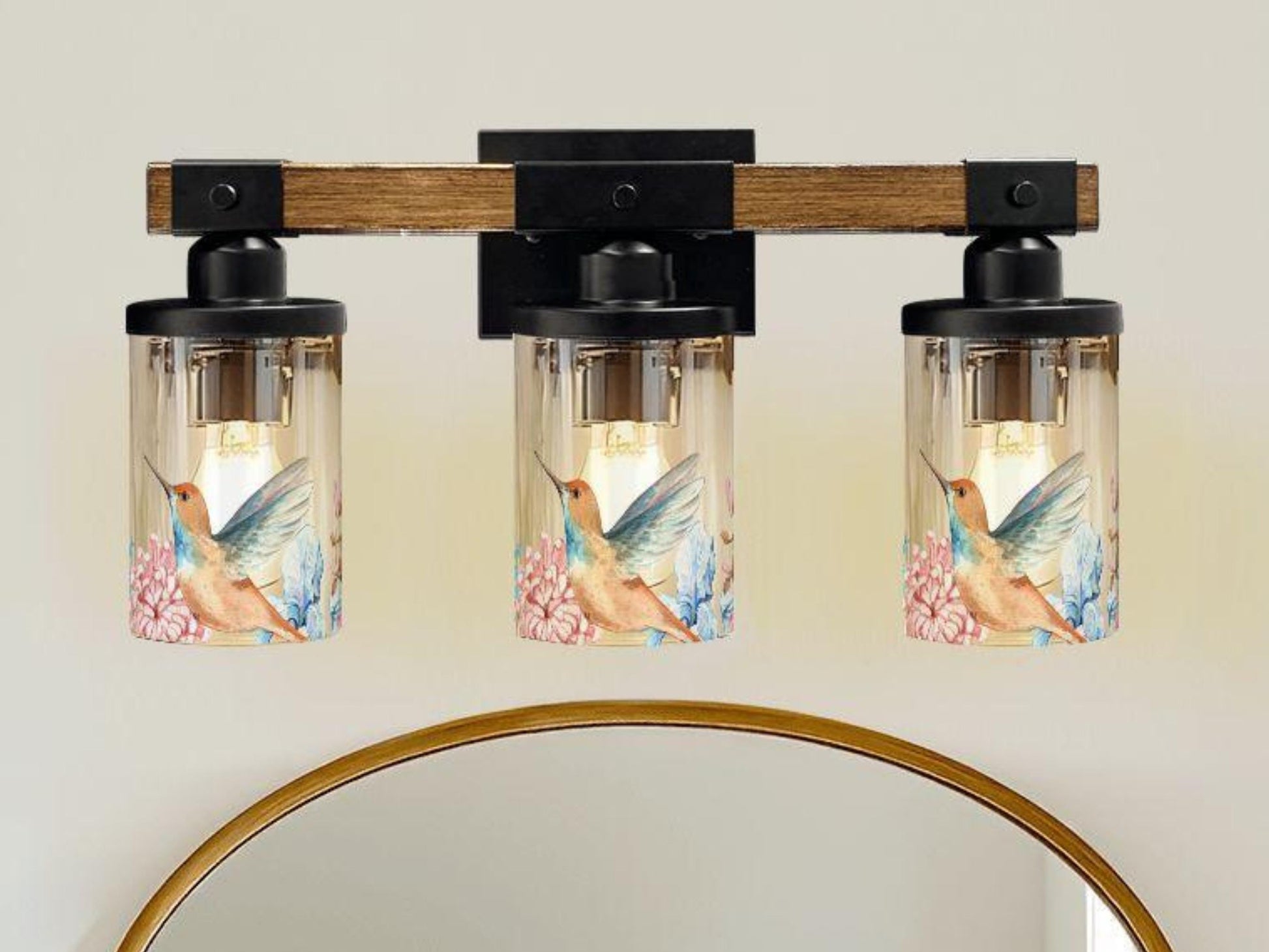 Vanity Light Fixture 3-Light Watercolor Bird Floral Farmhouse Luxury Bathroom Lighting Flower Metal and Glass Restroom Light Over Sink Decor
