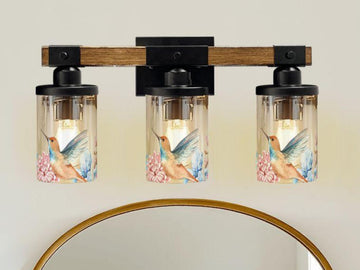 Vanity Light Fixture 3-Light Watercolor Bird Floral Farmhouse Luxury Bathroom Lighting Flower Metal and Glass Restroom Light Over Sink Decor