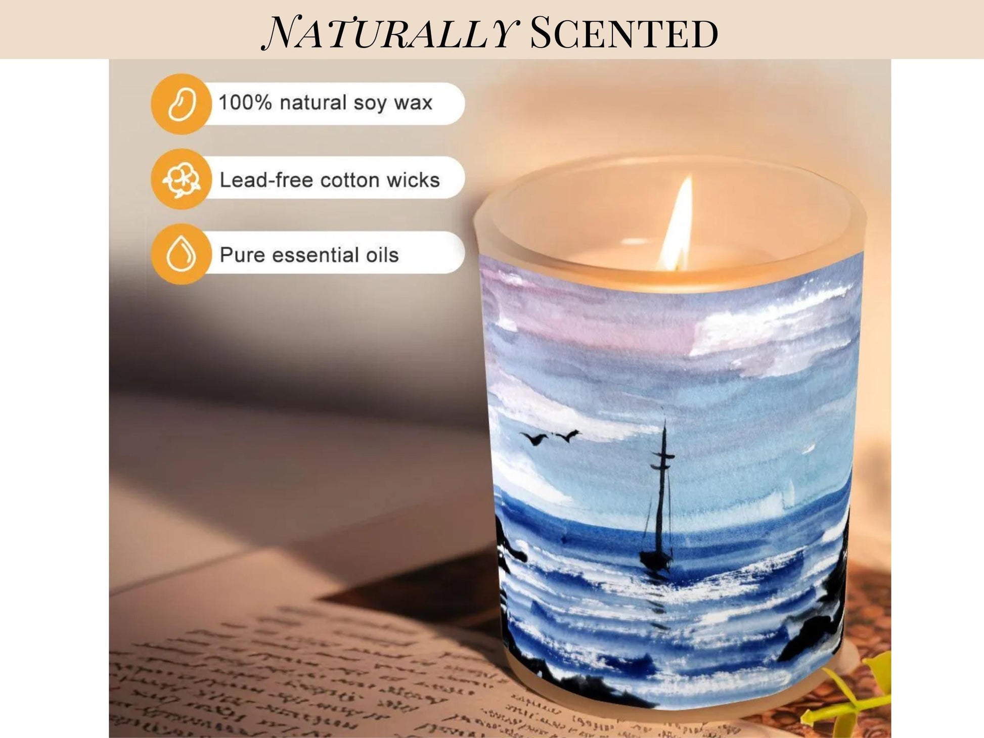 a candle with a sailboat design, placed on a surface with some text and icons indicating its natural soy wax, lead-free cotton wicks, and pure essential oils.