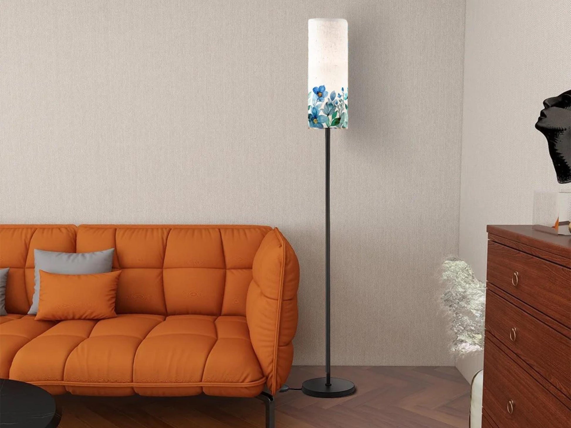 Floor Lamp Mid Century Modern Beige Blue Floor Lamp Stripe MCM Floor Lighting Tall Lamp Subtle Floral Blue Accent Lighting Vintage Mod Decor