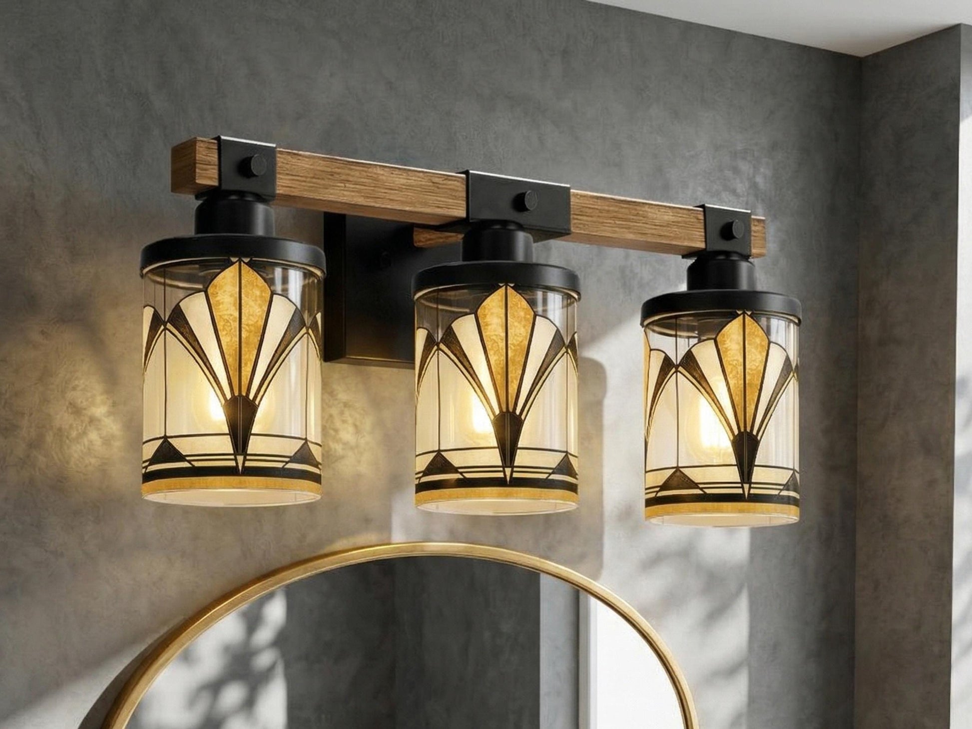 Art Deco Vanity Light Fixture Metal Glass Bathroom Lighting Vintage Wall 3-Light Above Sink Black Vanity Light Luxe Decor 3 Light Bath Decor