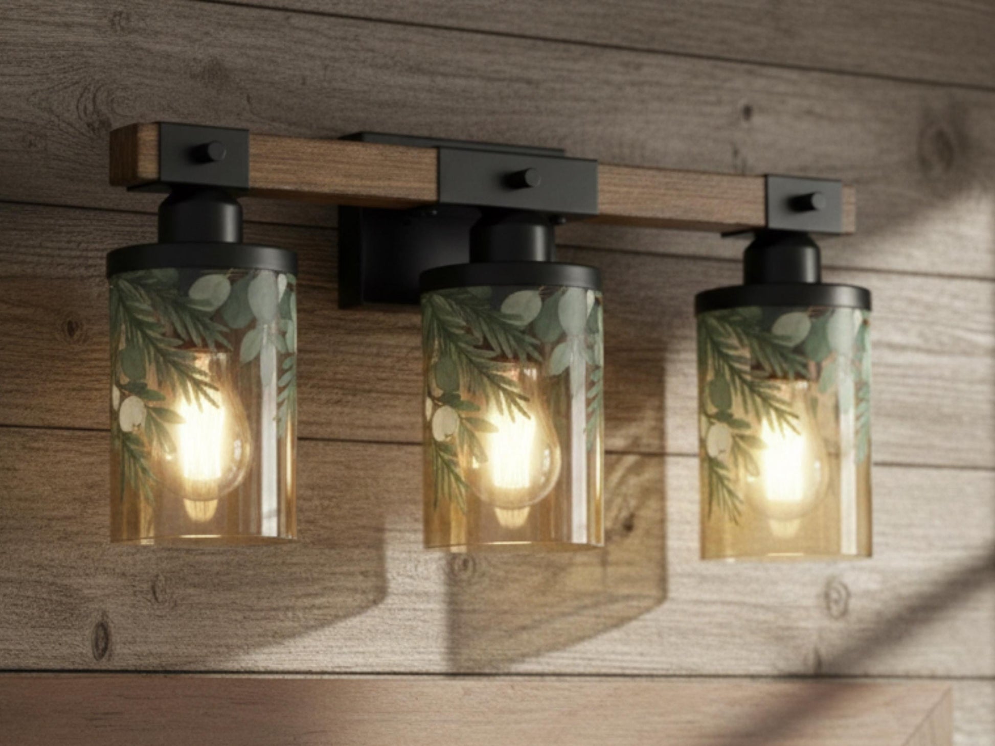 Bathroom Light Fixture Green Vanity Lighting  3-Light Decorative Metal & Glass Restroom Light Sage Greenery Pink Leaves Over Sink Decor