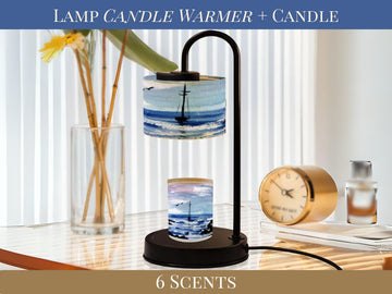 a lamp candle warmer with a candle and a clock on a table, along with a vase of flowers and a candle.