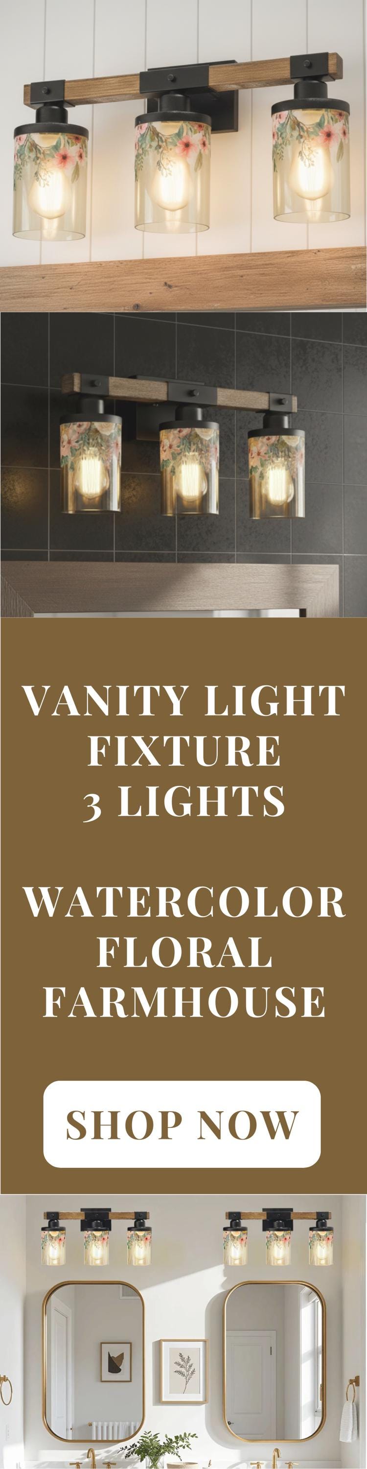 Vanity Light Fixture 3-Light Watercolor Floral Farmhouse Luxury Bathroom Lighting Flowers Metal and Glass Restroom Light Over Sink Decor