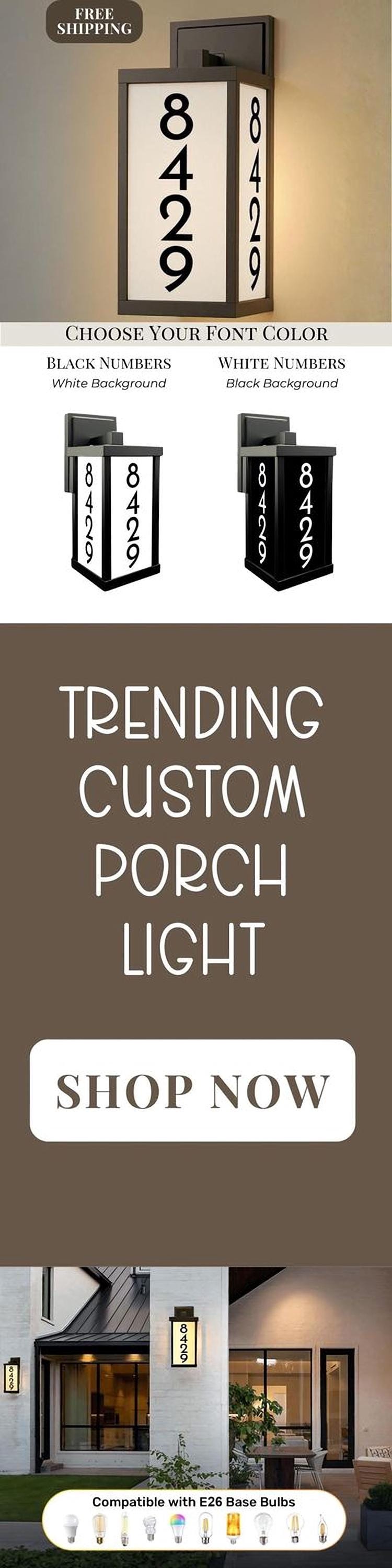The image is a collage of three images showcasing different porch light designs. The first image displays a black and white sign with the number 8449. The second image shows a black and white sign with the number 8449. The third image shows a white sign with the number 8449. The image also includes text that provides information about custom porch light options, such as choosing a font color and selecting a base color.