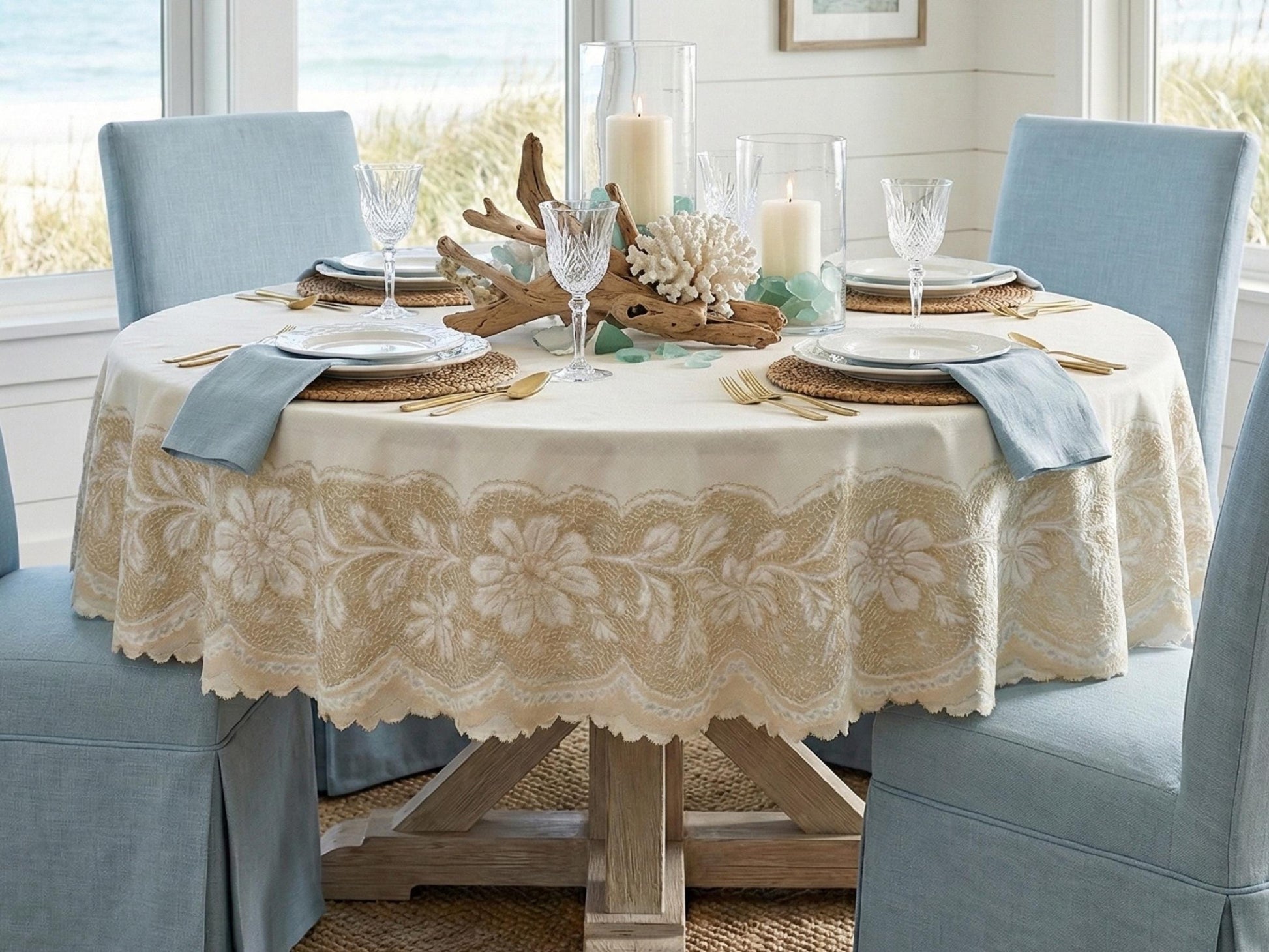Round Floral Tablecloth With Scalloped Edge Lace Printed Detail Design Spill-Proof Elegant Washable Fabric Table Cloth For Dining Table