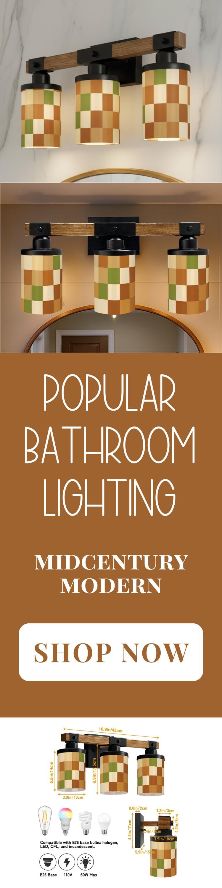 Luxury Bathroom Lighting MCM Vanity Light Fixture 3-Light Decorative Metal & Glass Restroom Light Midcentury Modern Checkers Over Sink Decor