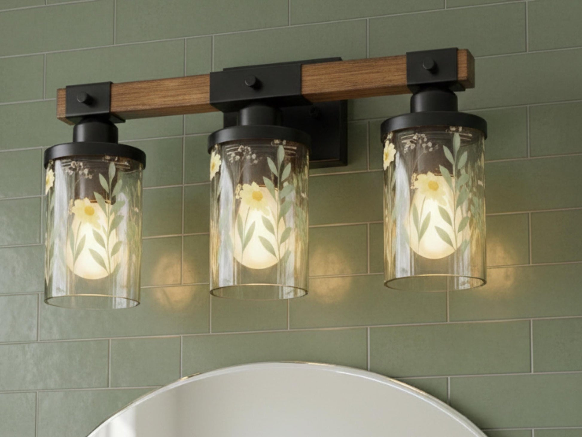 Luxury Bathroom Lighting Yellow Floral Vanity Light Fixture 3-Light Decorative Metal and Glass Restroom Light Garden Flower Over Sink Decor