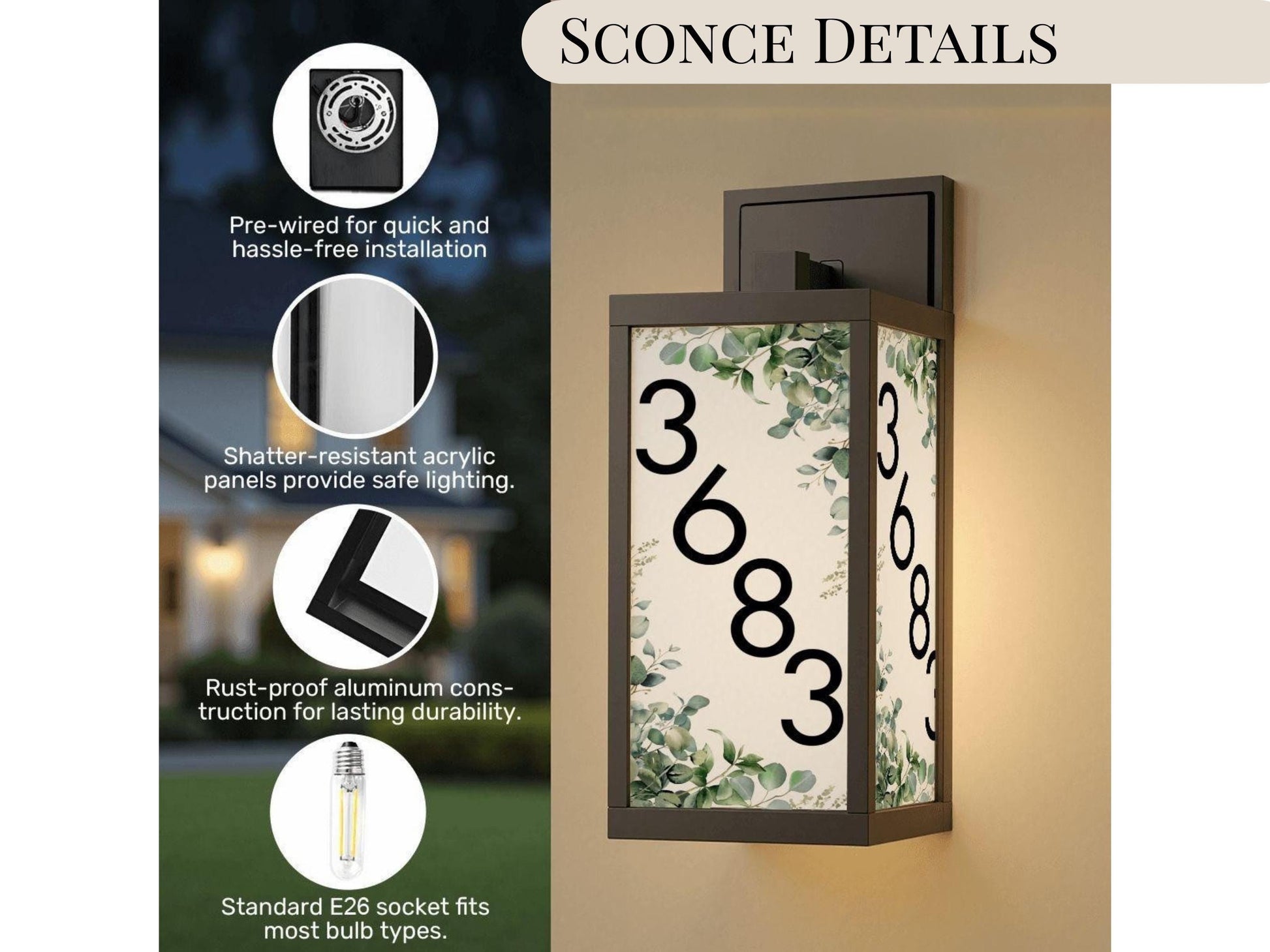 House Number Porch Wall Light Personalized With Eucalyptus Vine Wall Sconce Lighting Fixture Custom Address Number Lamp for Garage Sconce