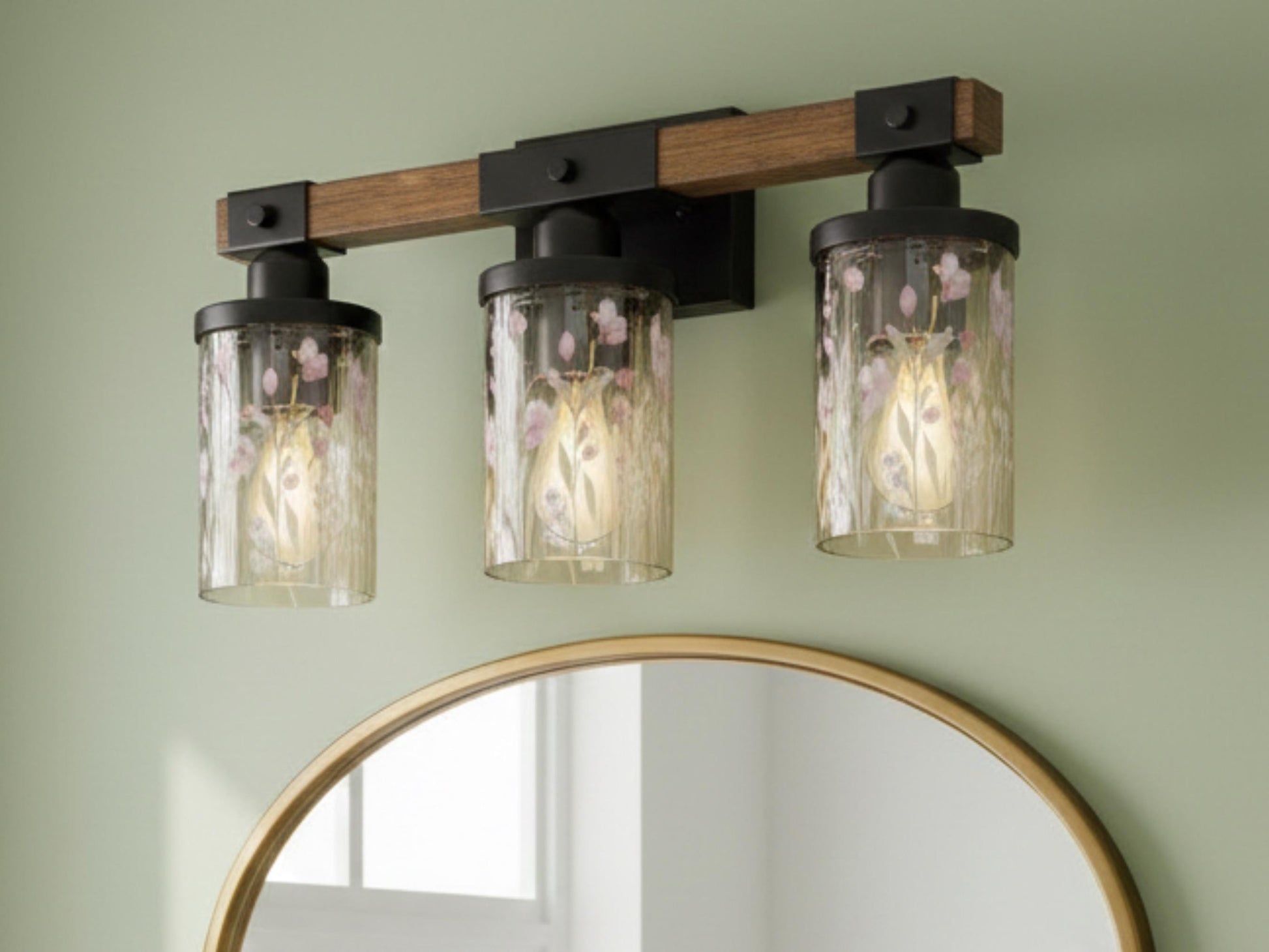 Luxury Bathroom Vanity Light Fixture 3-Light Watercolor Spring Floral Farmhouse Pink Flowers Metal and Glass Restroom Light Over Sink Decor