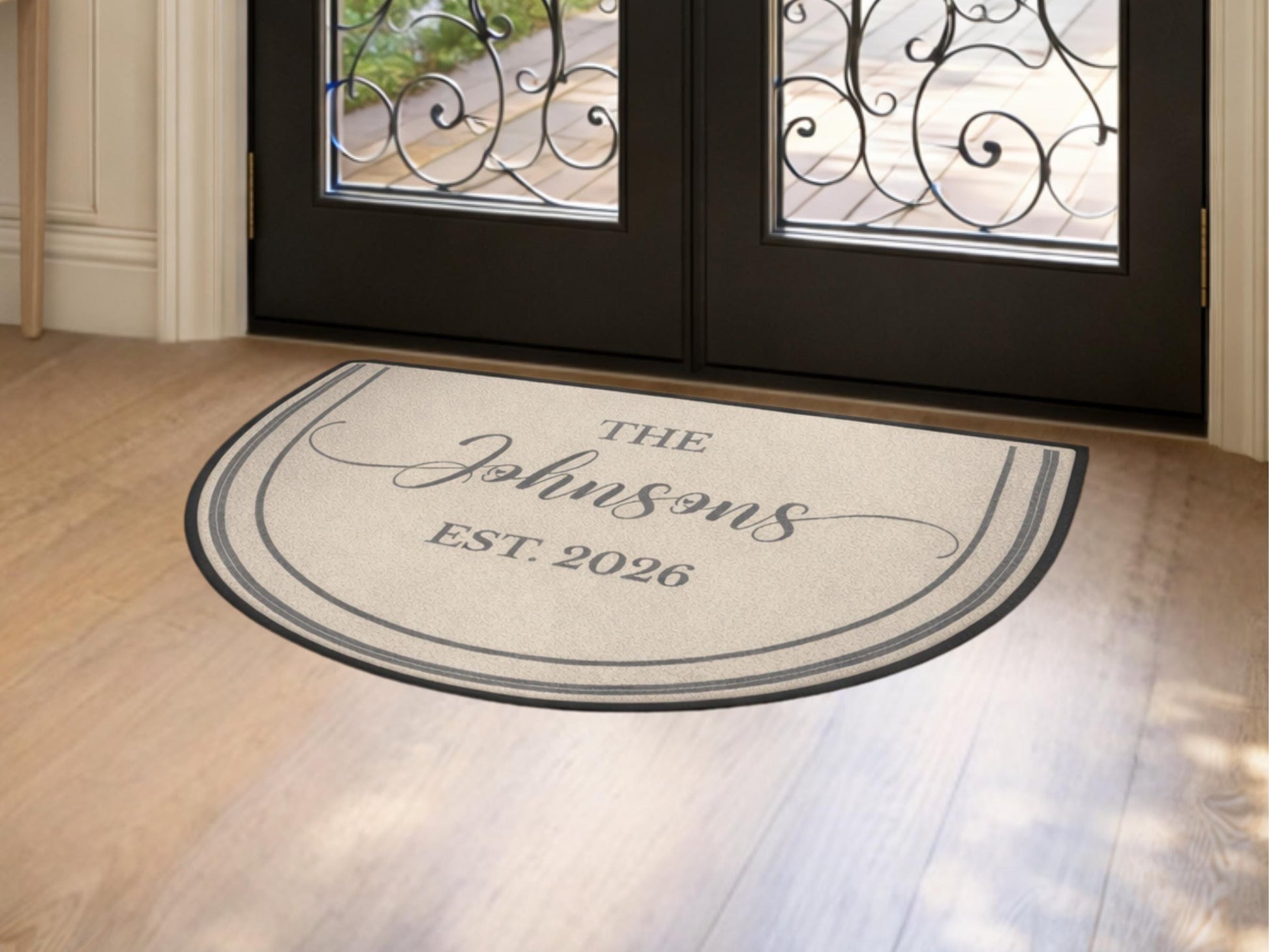 Welcome Mat Custom Entryway Rug Family Name Est Year Semi-Circle Minimalist Beige Carpet Accent Mat Rug Soft Short Pile Personalized Rug
