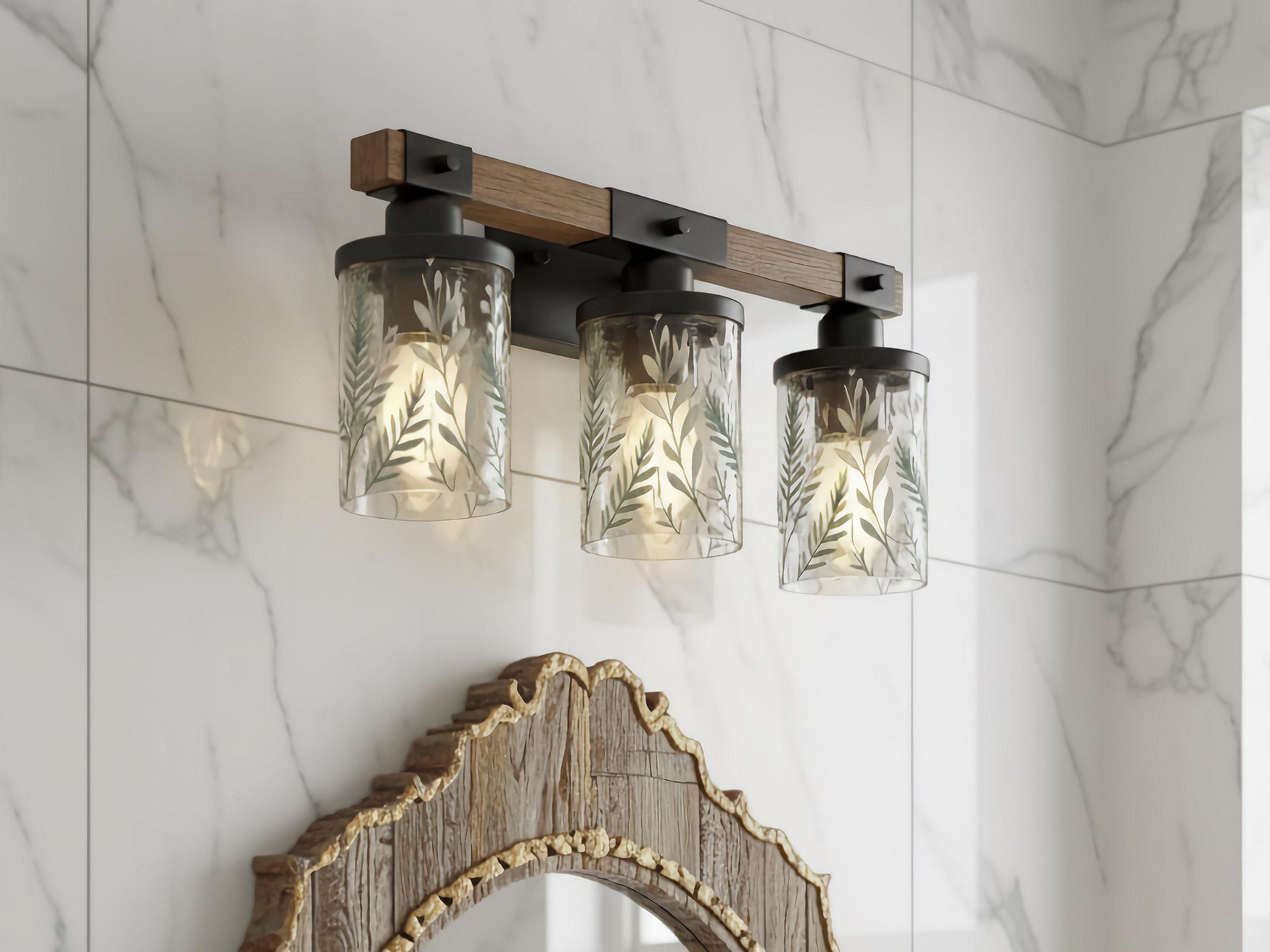 Luxury Bathroom Lighting Green Vanity Light Fixture 3-Light Decorative Metal & Glass Restroom Light Sage Greenery Botanical Over Sink Decor