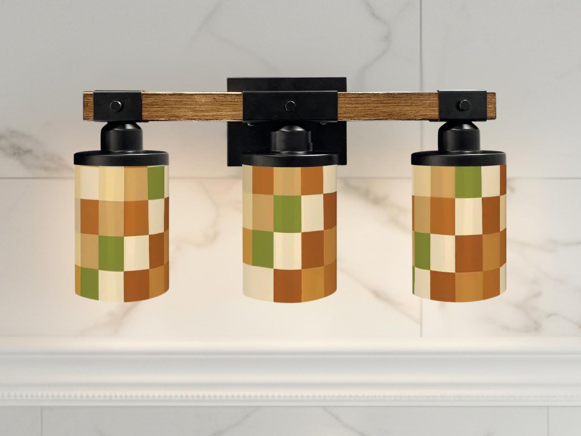 Luxury Bathroom Lighting MCM Vanity Light Fixture 3-Light Decorative Metal & Glass Restroom Light Midcentury Modern Checkers Over Sink Decor