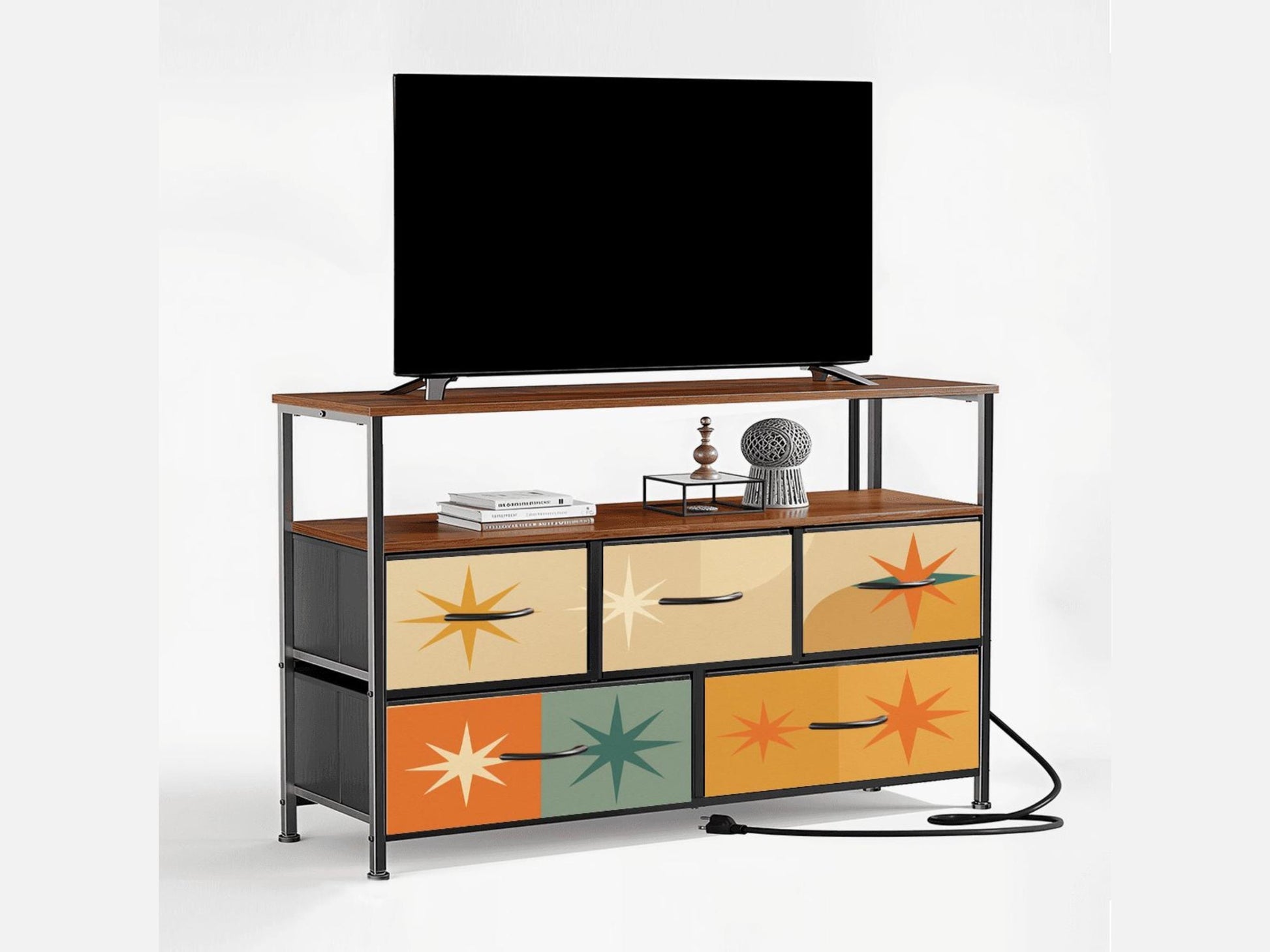 TV Stand With Drawers MCM Franciscan Starburst Decorative Fabric Drawers Bedroom Chest of Drawers Midcentury Modern Plug and Charging Port