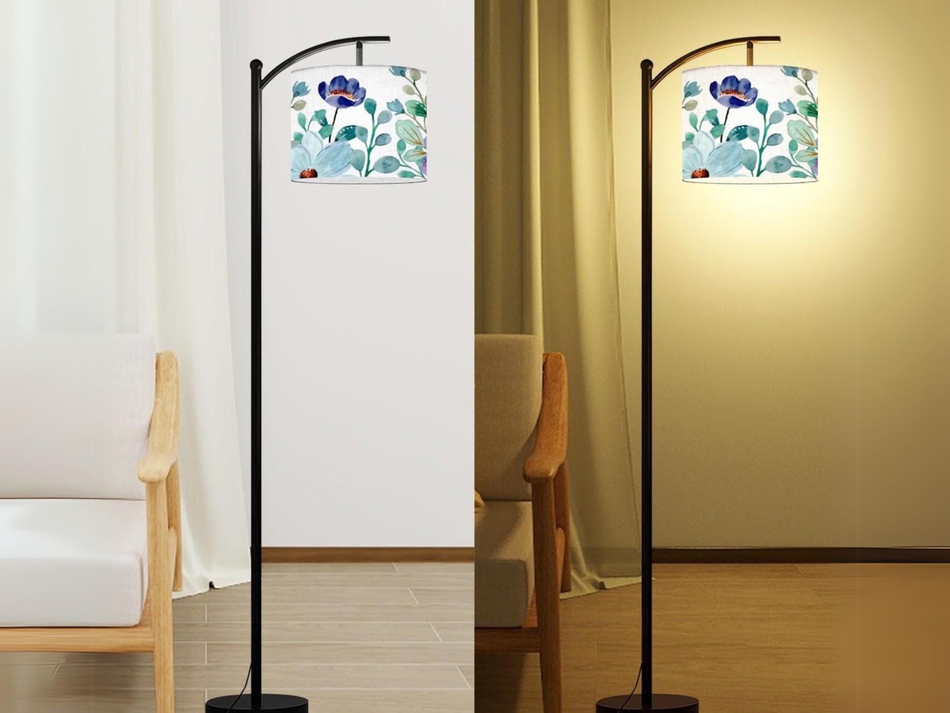 Arc Floor Lamp Modern Watercolor Blue Floral Living Room Lamp Gift Housewarming Gift Wildflower Design Bedroom Lighting Floor Lamp Gift Idea