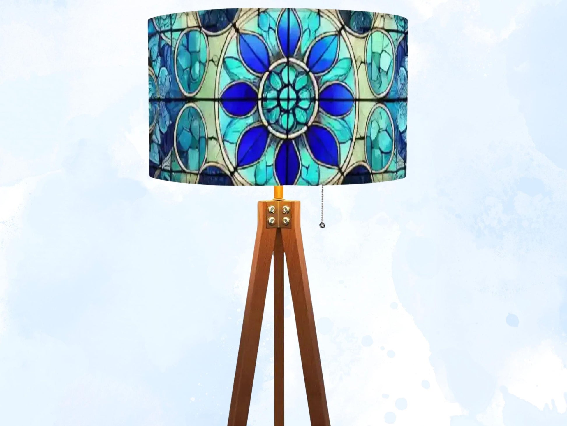 Floor Lamp Tripod Mid Century Wood Tall Lamp Linen Shade Stained Glass Effect Solid Wood Tall Lamp Housewarming Gift Living Room Decor Lamp