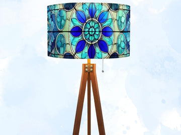 Floor Lamp Tripod Mid Century Wood Tall Lamp Linen Shade Stained Glass Effect Solid Wood Tall Lamp Housewarming Gift Living Room Decor Lamp