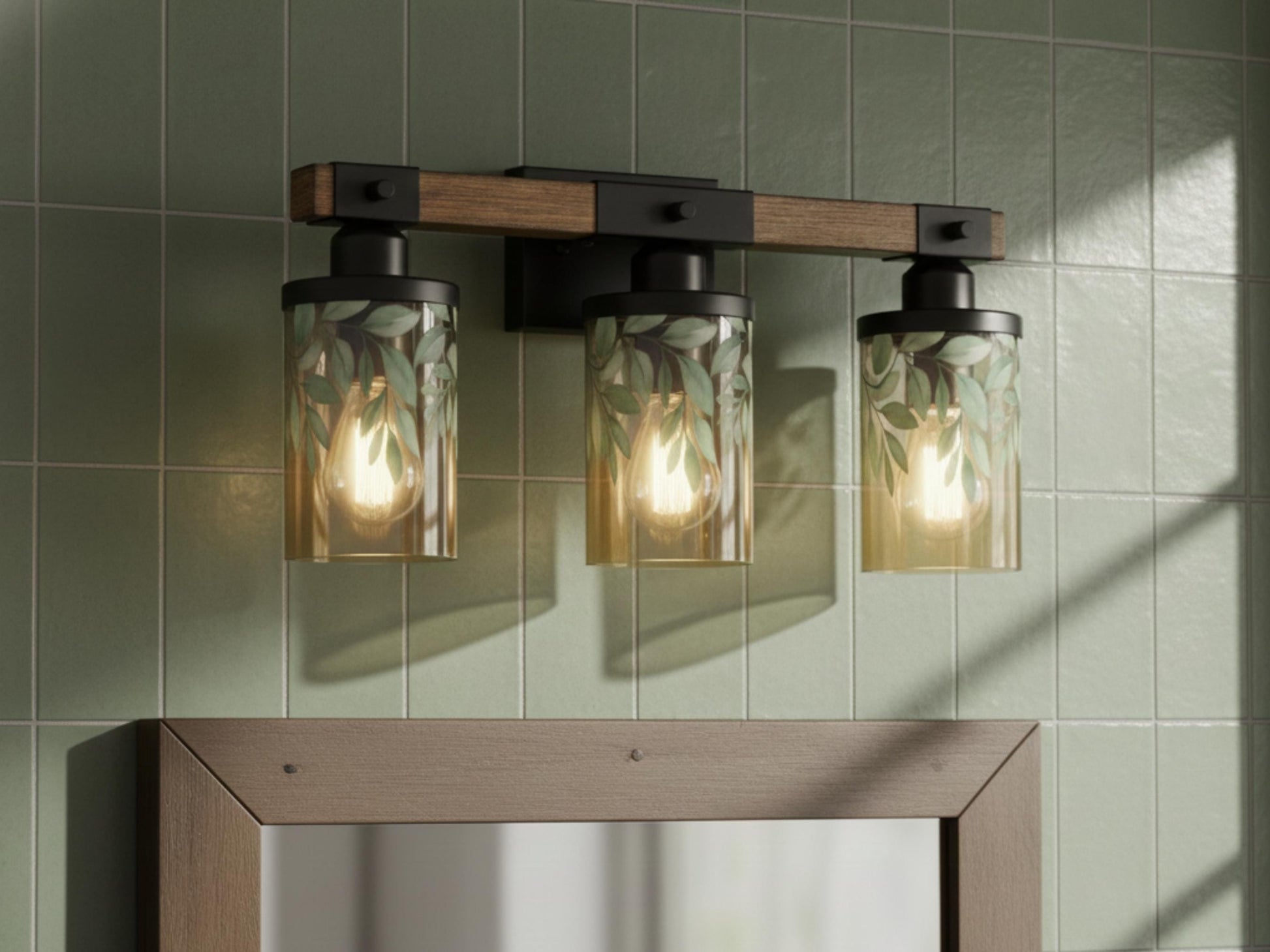 Luxury Bathroom Lighting Botanical Vanity Light Fixture 3-Light Decorative Metal & Glass Restroom Lights Green Leaves Light Over Sink Decor