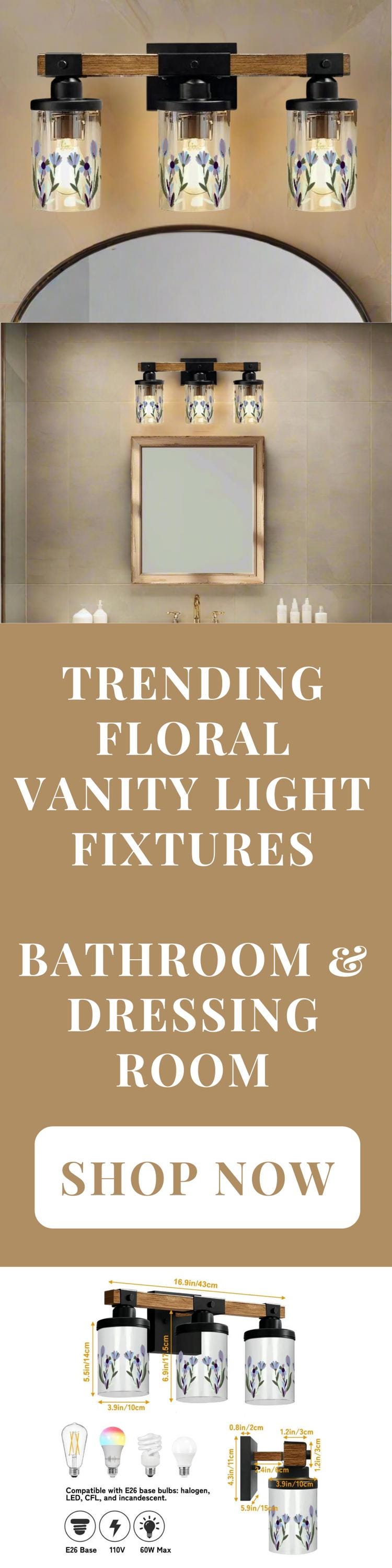 Bathroom Vanity Light Fixture Purple Floral 3-Light Farmhouse Luxury Bathroom Lighting Flower Metal and Glass Restroom Light Over Sink Decor