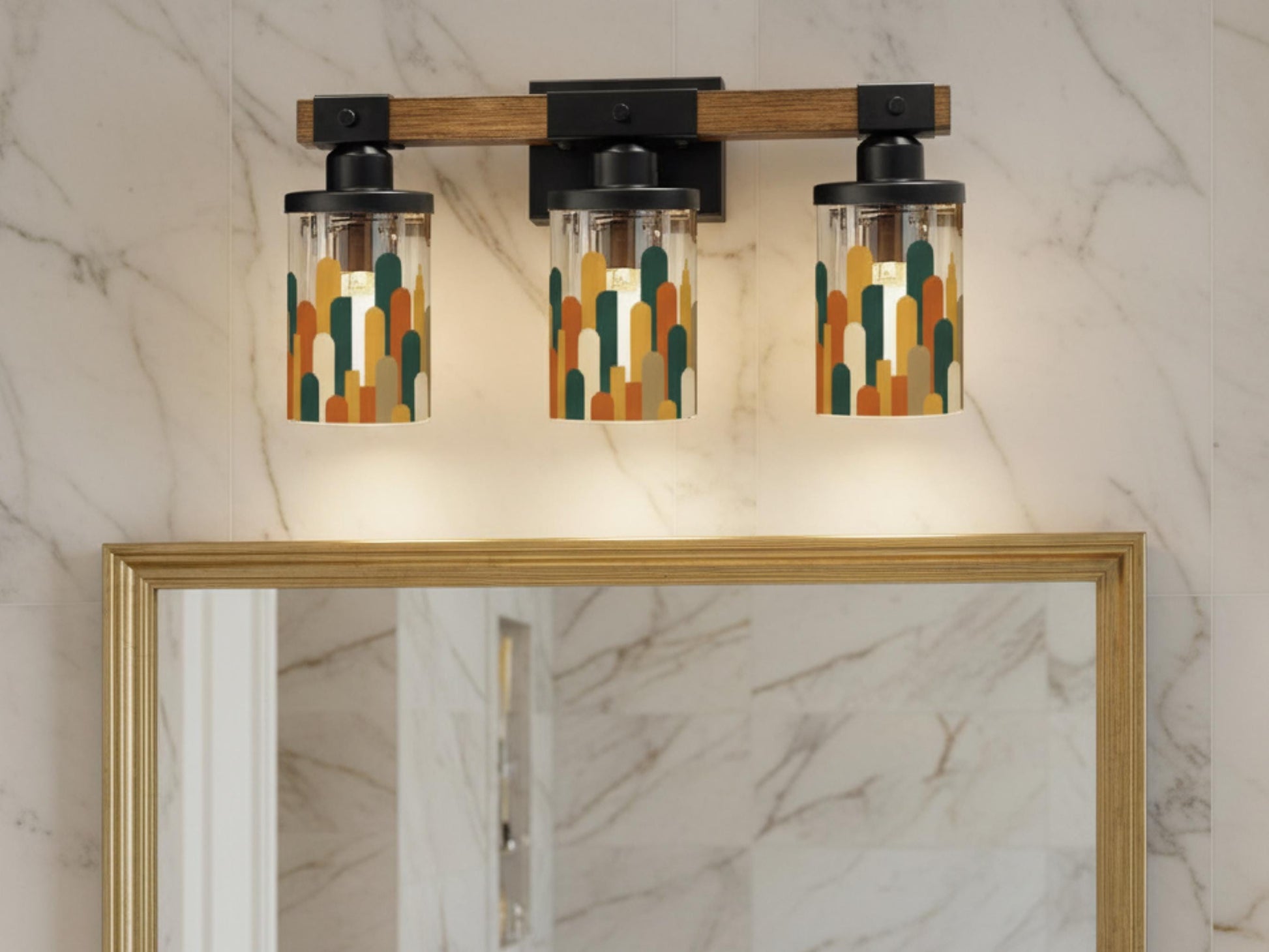 Luxury Bathroom Lighting MCM Vanity Light Fixture 3-Light Decorative Metal & Glass Restroom Light Midcentury Modern City Skyline Sink Decor