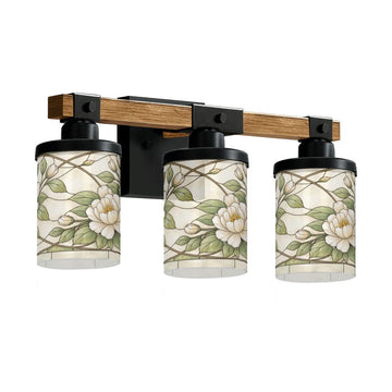 Ivory Floral Stained-Glass-Style Three-Light Vanity Fixture