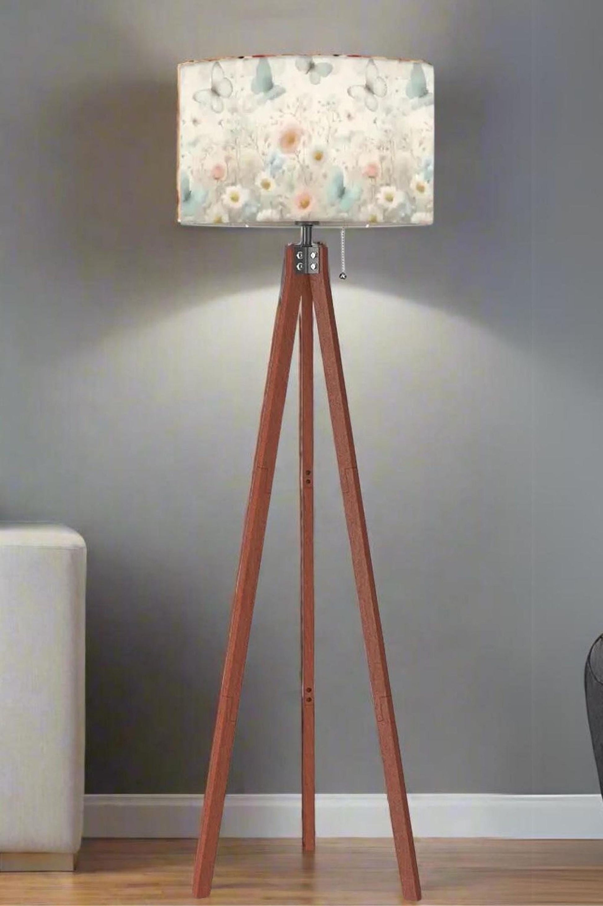 Floor Lamp Wood Tripod Tall Lamp Solid Wood Round Linen Shade Mid Century Floral Tall Lamp Housewarming Gift Living Room Lighting Decor Lamp