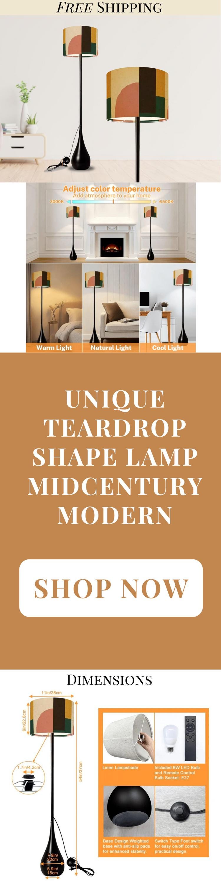 Floor Lamp Midcentury Modern Teardrop Living Room Lamp Gift Housewarming Present Idea MCM Design Bedroom Lighting Floor Lamp Remote Control