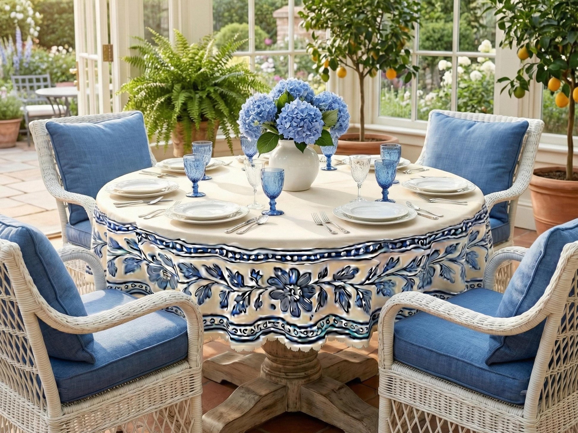 Tablecloth Flowers Border Scalloped Edge Lace Details For Dinner Events Spill-Proof Dining Table Cloth Washable Fabric Dining Tablecloth