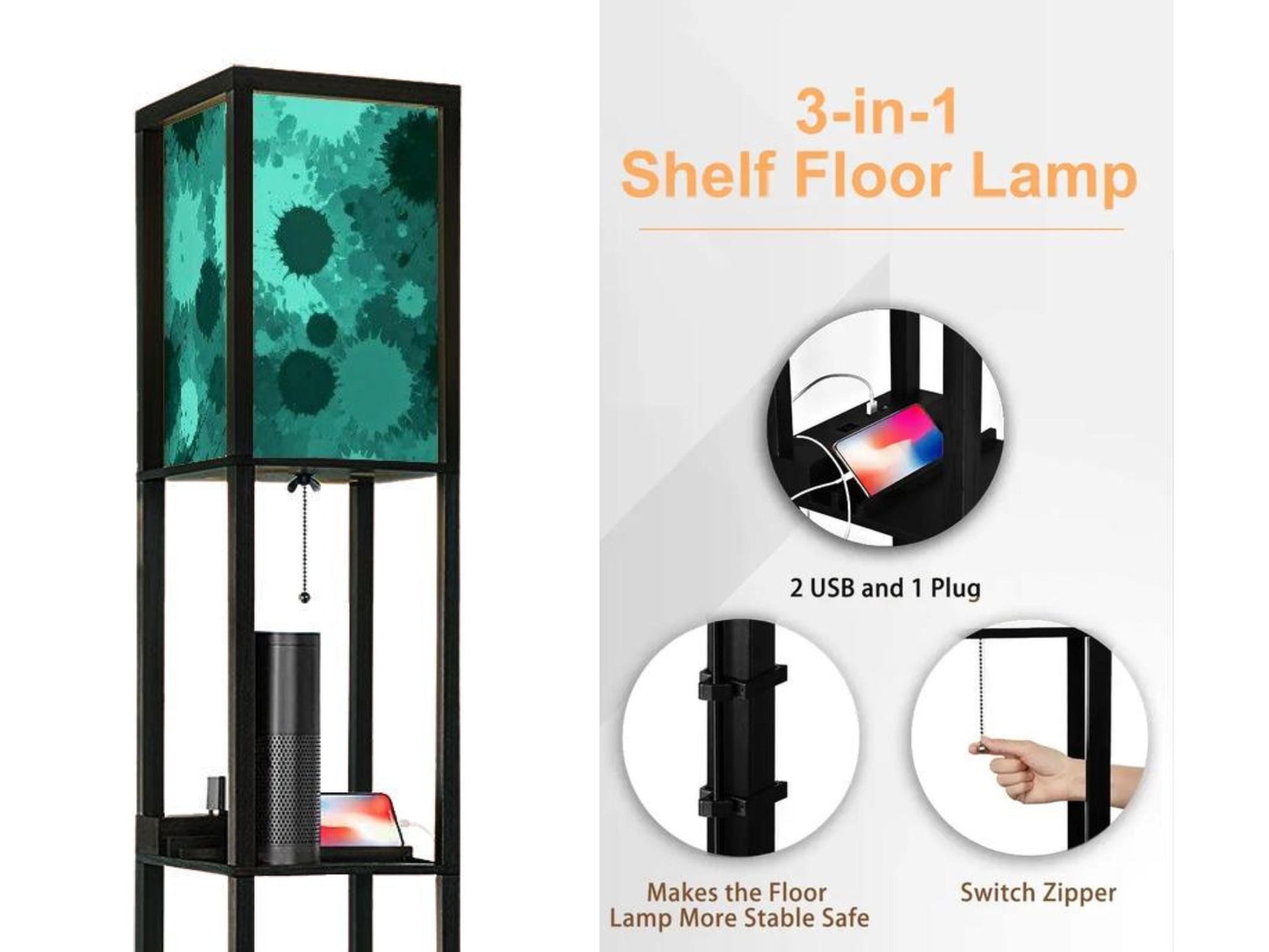 Floor Lamp Wooden Shelves Teal USB Floor Lamp Living Room Lighting Made in USA Floor Lamp With 3 Shelves Bedroom Lighting for Living Room