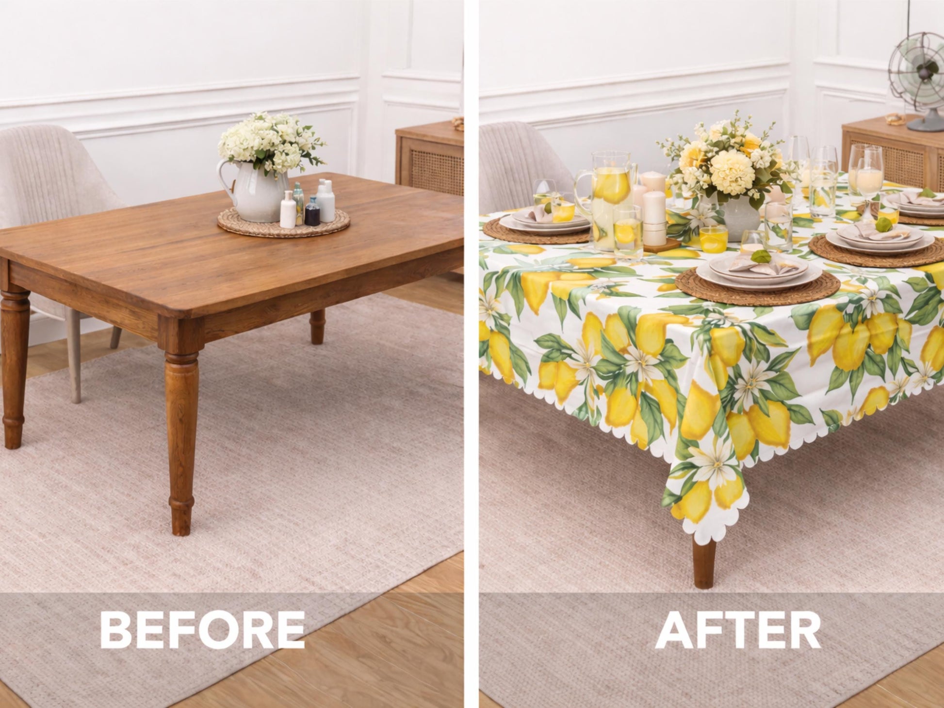 Tablecloth Lemon Rectangle With Scalloped Edge Lace Detail Springtime Spill-Proof Washable Fabric Lemons Table Cloth For Family Dining