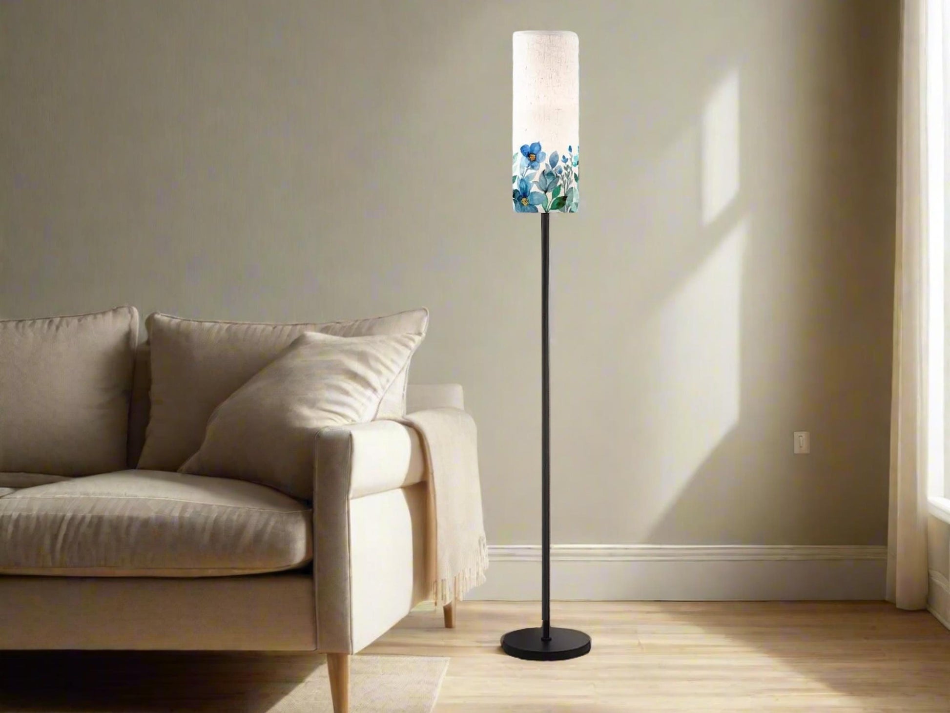 Floor Lamp Mid Century Modern Beige Blue Floor Lamp Stripe MCM Floor Lighting Tall Lamp Subtle Floral Blue Accent Lighting Vintage Mod Decor